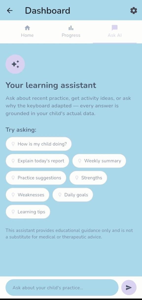 FlexiKeys parent assistant screen with suggested questions
