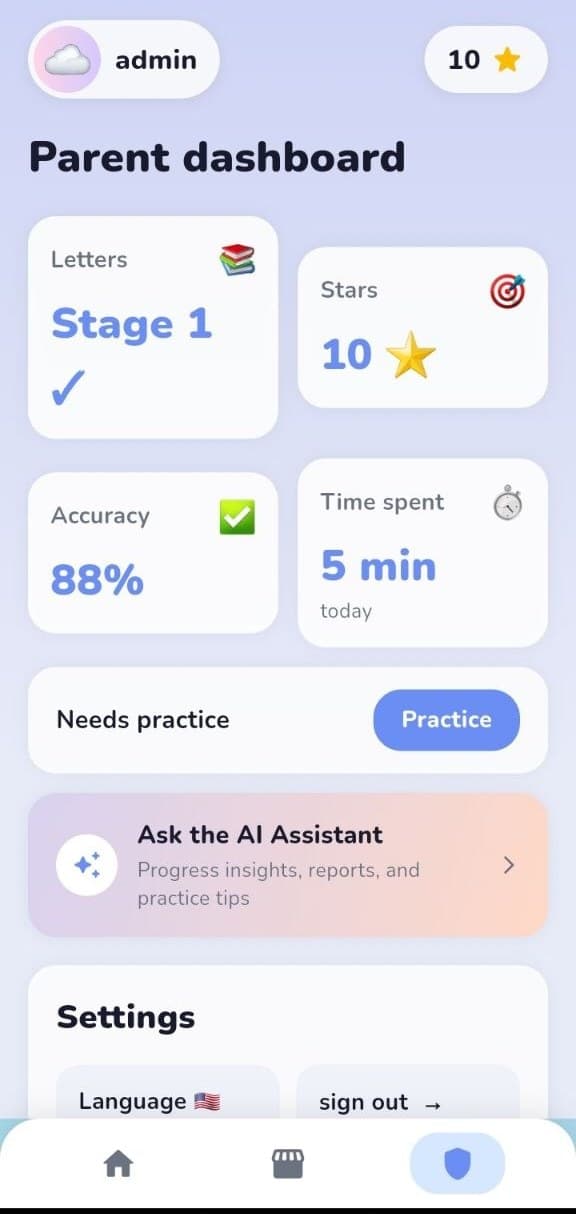 FlexiKeys parent dashboard showing accuracy, time spent, and stars