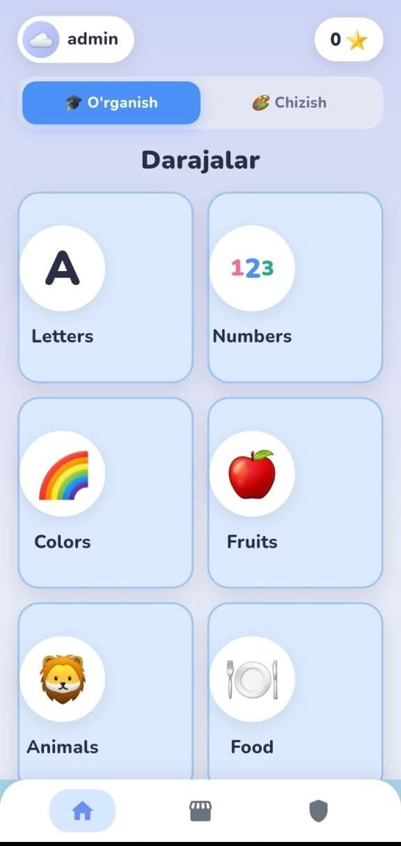 FlexiKeys home screen showing the child's levels and mascot