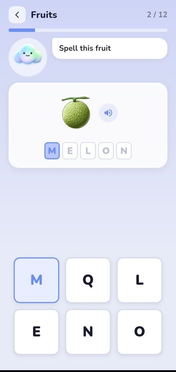 FlexiKeys adaptive keyboard screen: a spelling exercise showing a melon image and letter tiles, from the real app